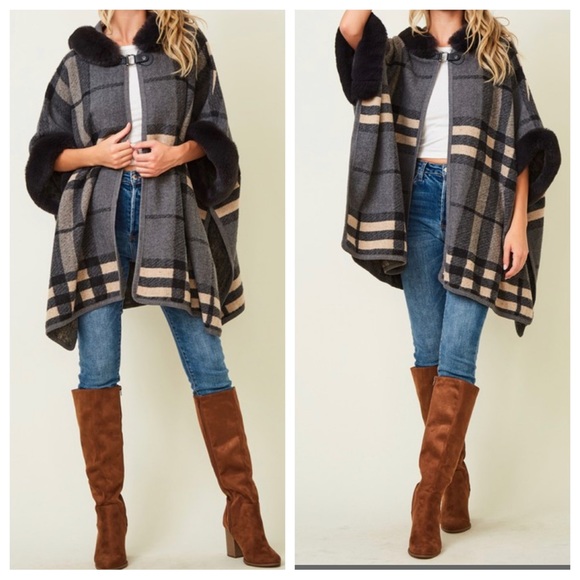 #47 Boho Fabulous Plaid Fur Trim Hooded Oversized Cozy Jacket Poncho - Picture 9 of 11